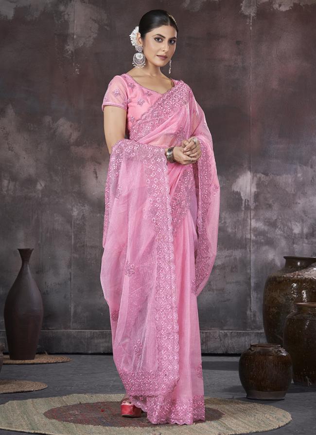 Organza Pink Party Wear Embroidery Work Saree